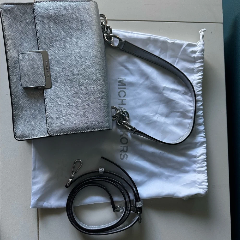 Michael Kors Silver Cynthia small shoulder flap bag
